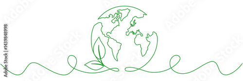 Planet Earth with leaves continuous line drawing. World map with curve line. Linear globe symbol. Vector illustration isolated on white.