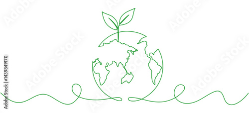 Planet Earth with leaves continuous line drawing. World map with curve line. Linear globe symbol. Vector illustration isolated on white.
