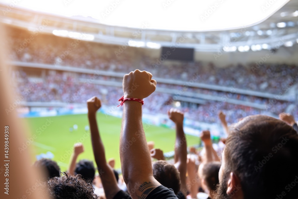 Fototapeta premium Enthusiastic fans cheer during an exciting soccer match at a packed stadium on a sunny afternoon