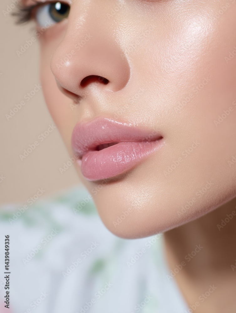 Obraz premium Close-up of a woman's face showcasing natural beauty and soft makeup during a beauty session at home
