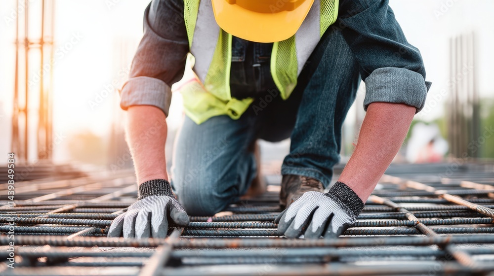 Fototapeta premium Construction worker assembling rebar framework on a building site during sunset hours