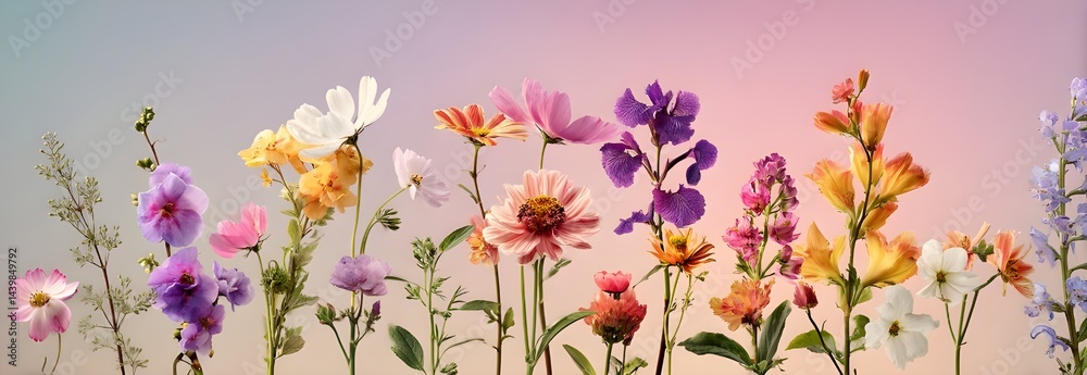 Colorful Wildflowers in Bloom Against Soft Pastel Sky Colorful Wildflowers in Bloom Against Soft Pastel Sky