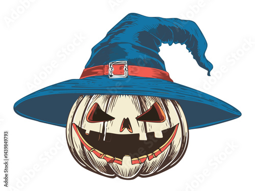 Pumpkin Monster With Halloween Witch Hat Illustration