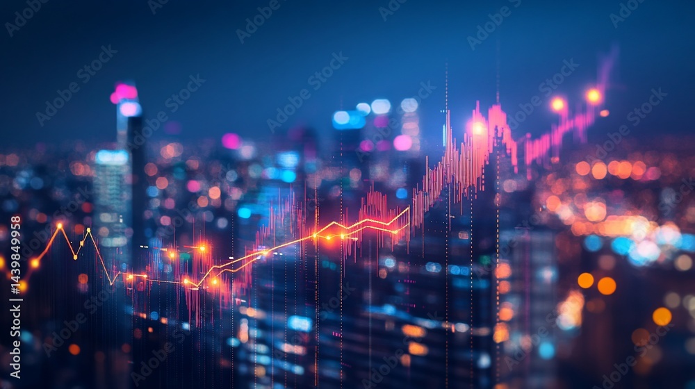 Fototapeta premium Financial Market Analysis Overlaying Cityscape with Dynamic Growth Trend Visualization