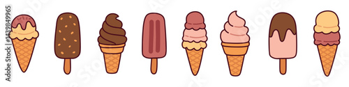 Hand-drawn collection of different ice cream cones and popsicles in various shapes and colors, perfect for summer snack themes