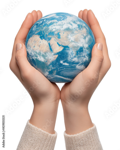Hands Holding Planet Earth Globe on White Background