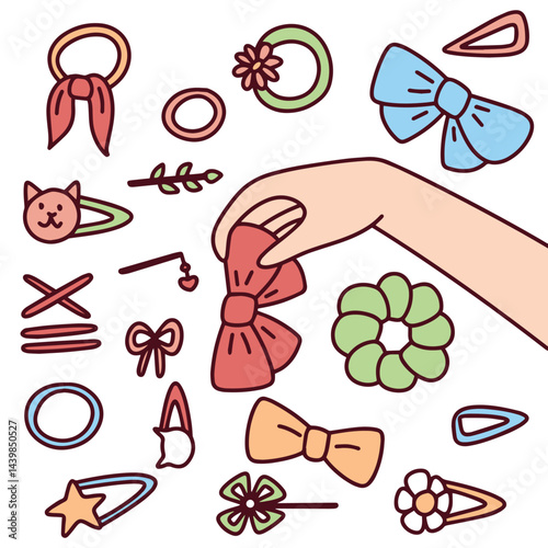 Hand picking from a colorful set of hair accessories including bows, clips, pins and jewelry items for girls, displayed on light background for beauty and fashion concepts