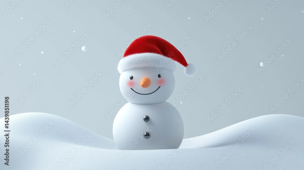 Cute snowman with a red Santa hat in snowy landscape