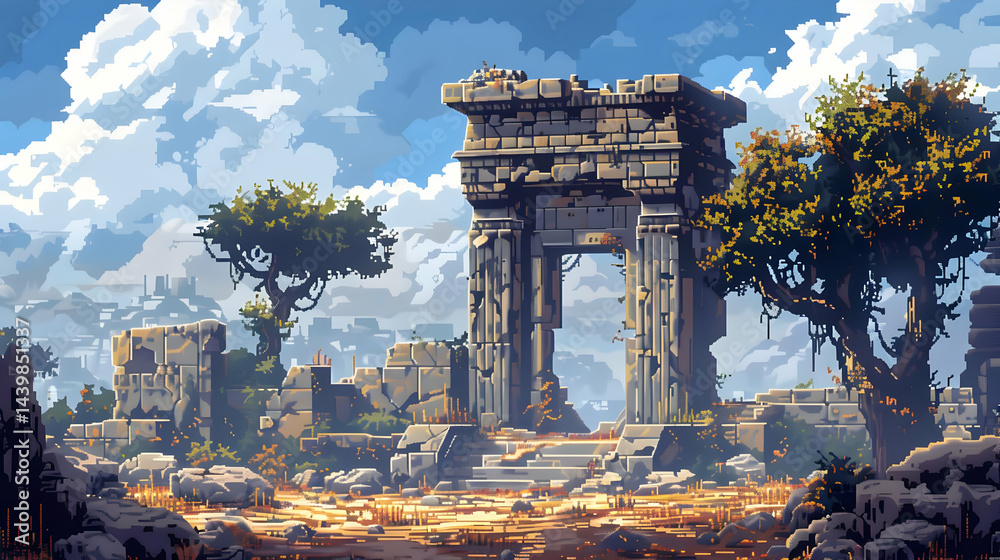 Fototapeta premium Ancient Stone Ruins Against Cloudy Sky in Pixel Art Style With Trees and Rock Formations
