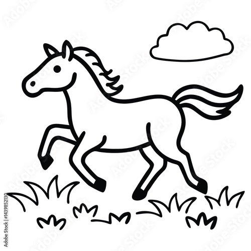 Running horse outlined gallops through grassy field under cloud on a transparent background