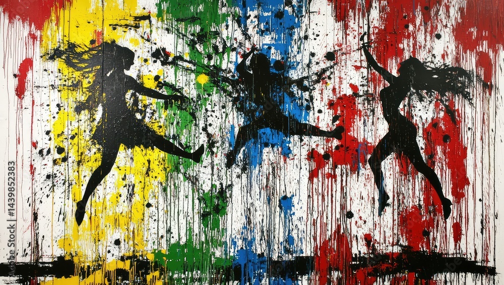 Fototapeta premium Three dynamic female figures leap across a vibrant, abstract background of bold colors and splatters