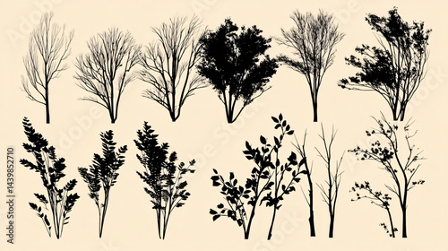 Wallpaper Mural A vector set features black tree silhouettes and nature plant designs with leaves and branches Torontodigital.ca