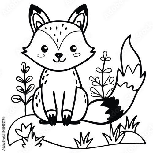 The cartoonish black and white fox is sitting on a rock amidst foliage