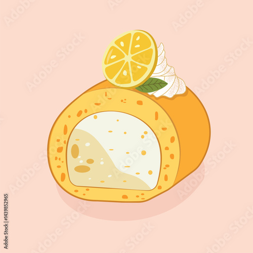Vector Illustration of Lemon Swiss Roll Cake with Cream Filling and Lemon Slice Decoration