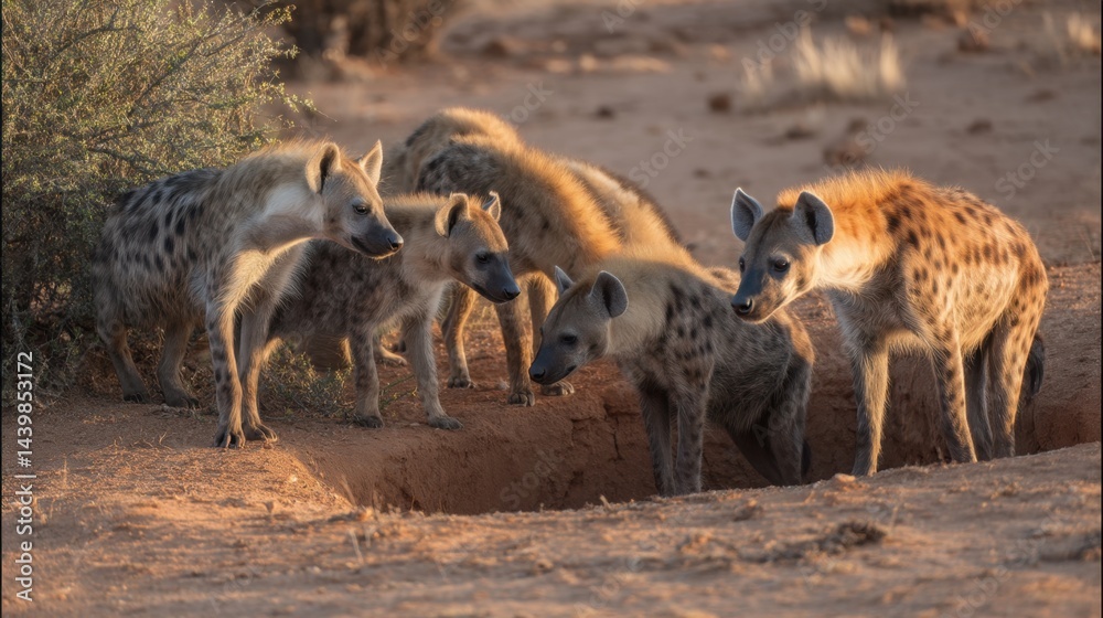 Fototapeta premium Spotted Hyena Clan at Den: Social Pack Behavior in the African Savanna