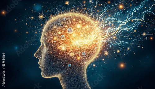 Brainstorm: A side profile of a human head, with the brain radiating energy, visualizing the process of creative thinking and innovative ideas.