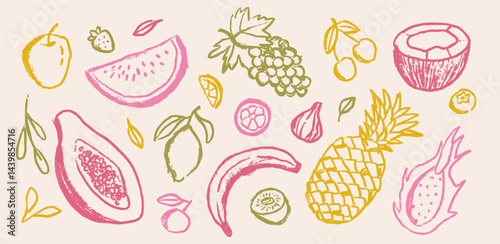 Set of abstract ink tropical fruits. Abstract healthy food sketches in minimalist ink chalk or charcoal style. Doodle pitahaya, papaya