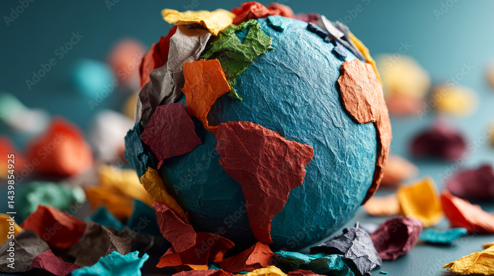 Naklejka premium Colorful Paper Mache Globe with Vibrant Colors and Textured Surface on Blue Background