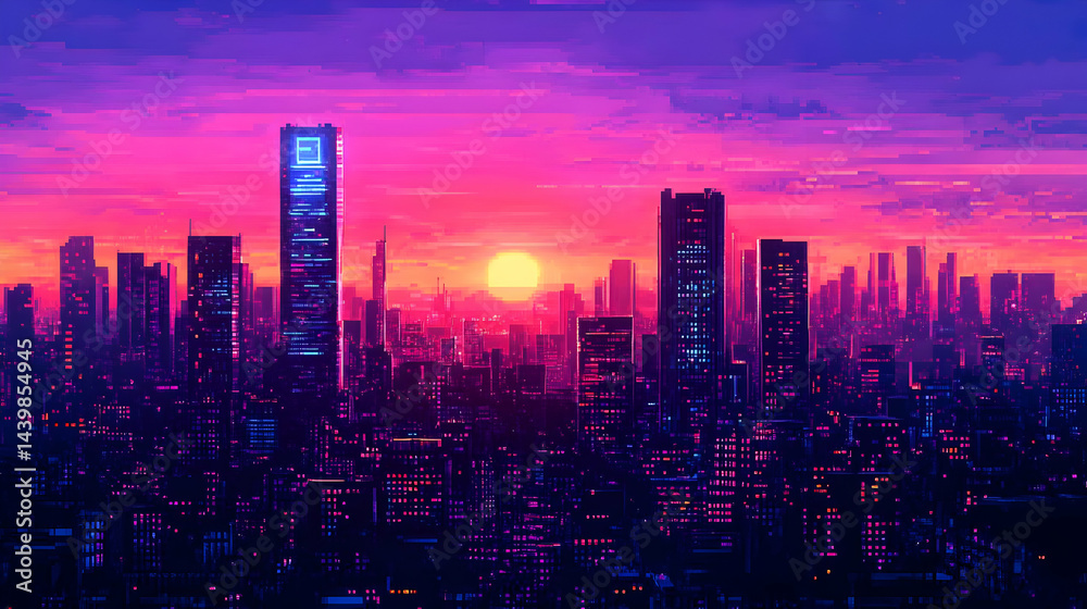 Fototapeta premium Cityscape Silhouette at Sunset with Vibrant Pink and Purple Sky Featuring Modern Skyscrapers and Urban Lights