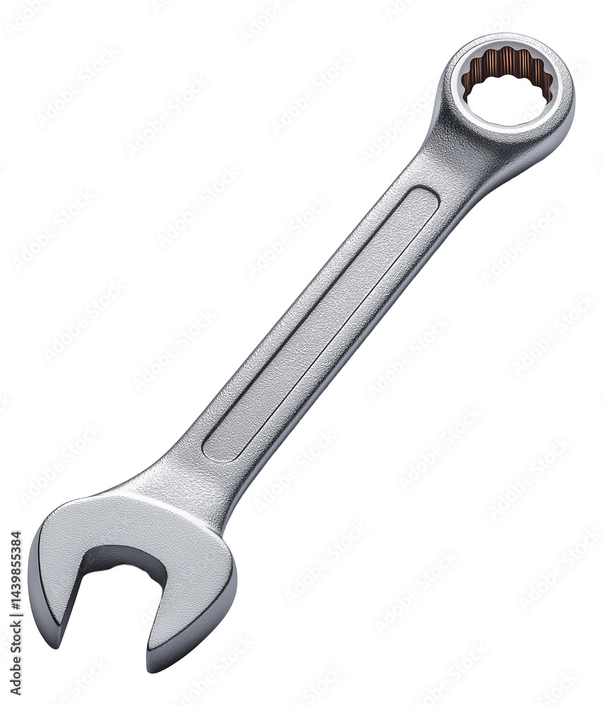 Metallic combination wrench with open-end and box-end for versatile mechanical applications. Metallic combination wrench with open-end and box-end for versatile mechanical applications.