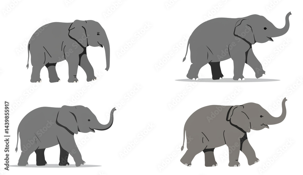 Fototapeta premium Minimalist baby elephants walking on a white background showing graphic art style