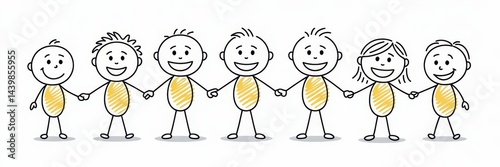 Happy children holding hands in a row