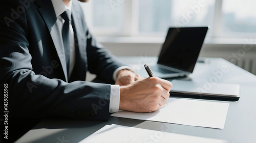 Man Writing on Paper at Desk