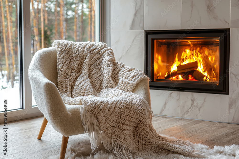 Hygge living room interior with blanket on cozy armchair and burning fireplace. Comfortable home corner for relaxation