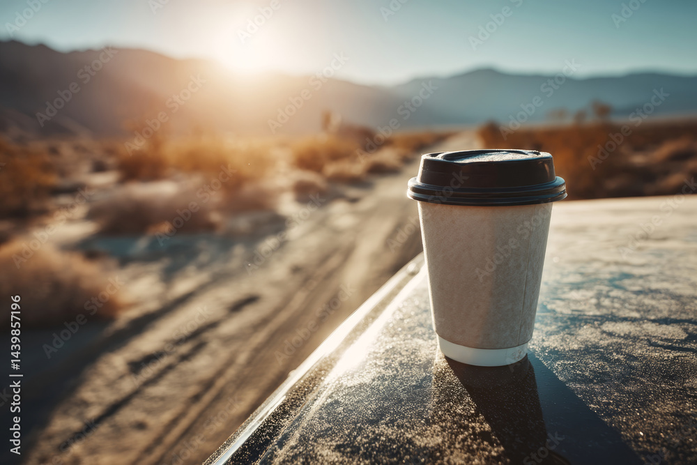 Takeaway coffee cup on car hood with scenic road in background. Morning coffee to go on vehicle. Travel coffee break during road trip