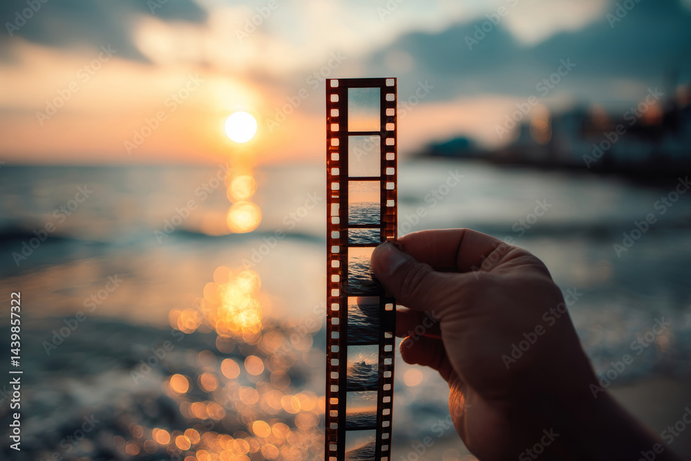 Close-up of hand holding vintage film strip in front of sunset over sea. Analog film for summer memories