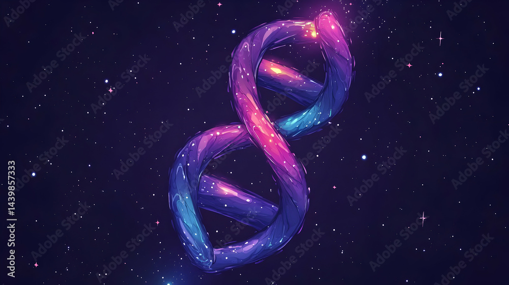 Obraz premium Abstract Pixelated Dna Double Helix in Purple Pink and Blue Gradient Colors with Scattered Stars on a Dark Background Illustrative Molecular Model