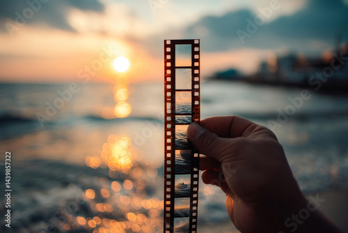 Obraz na płótnie Close-up of hand holding vintage film strip in front of sunset over sea. Analog film for summer memories w salonie