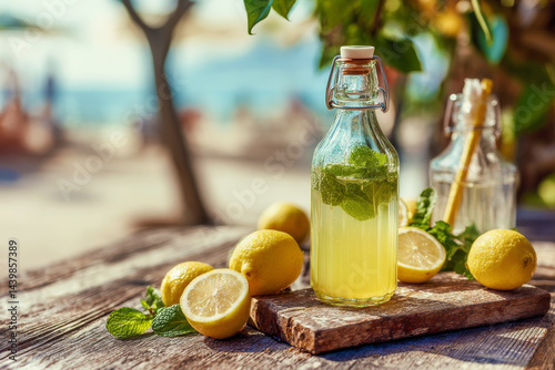 Obraz na płótnie Glass bottle of homemade lemonade with lemons and mint leaves on wooden outdoor table. Fresh summer drink with citrus w salonie