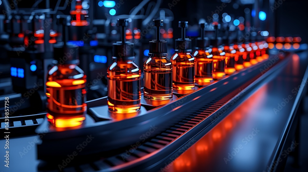 Fototapeta premium A close-up view of plastic bottles filled with orange liquid moving along an angled conveyor belt in a precision bottling line.