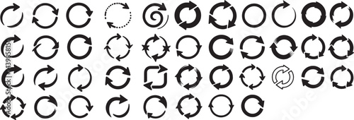  A set of unique circular refresh repeat loop rotate sync and reload icons black bold arrows