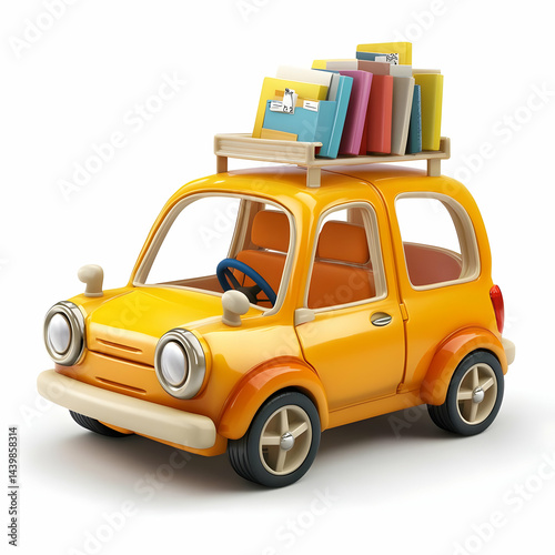 Cartoon Yellow Car with Books and Folders on Roof Rack Against White Background Depicts Travel and Transportation