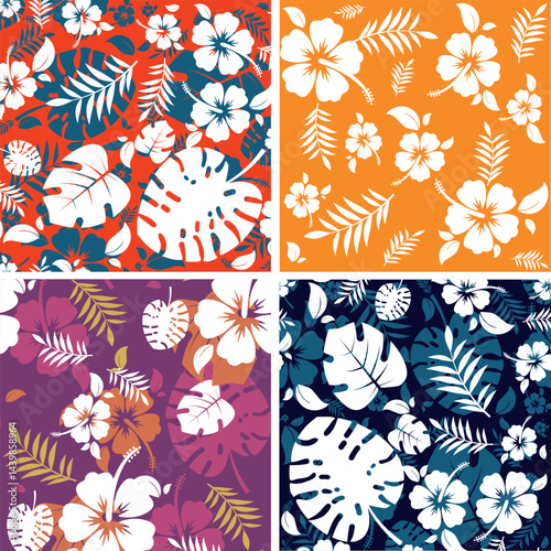 Create an aloha vibe with this seamless Hawaiian hibiscus and monter pattern set.