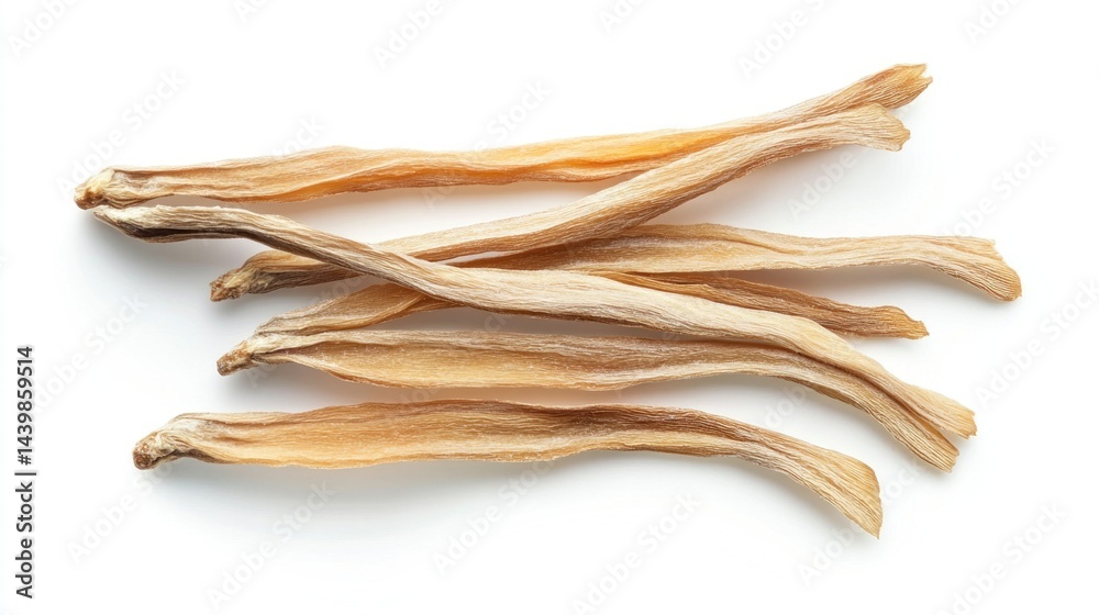 Dried, light-brown, thin strips of plant material