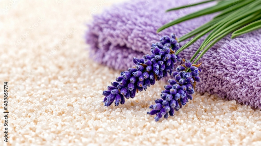 Fototapeta premium Purple Towel and Lavender Sprigs on Beige Textured Surface