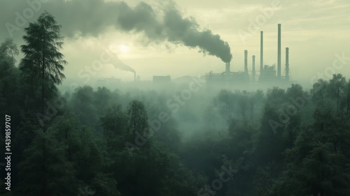 Pollution from factories causes haze over forested area during twilight in urban landscape