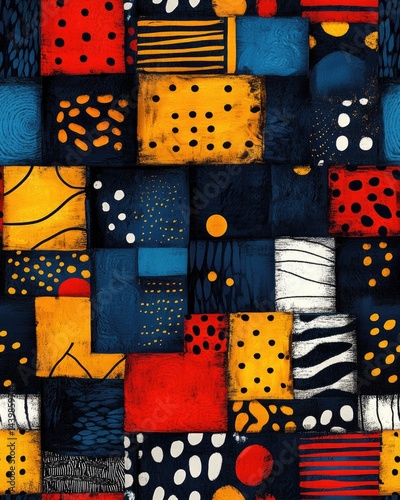 Colorful patchwork design showcases vibrant patterns and texture