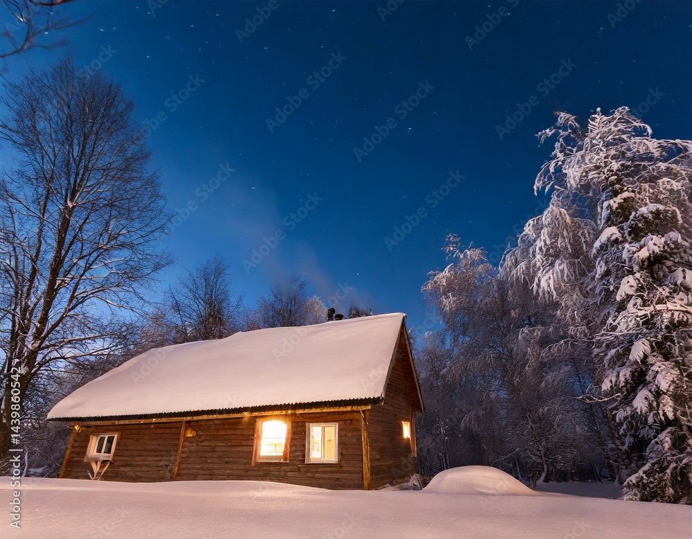 Cozy cabin in winter wonderland of Europe. Night winter landscape. AI generated image.