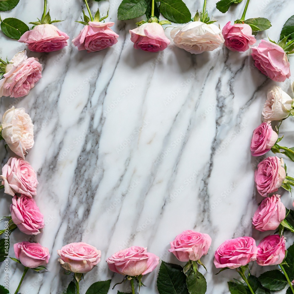 Flower frame. White marble flat surface copy space with border of pink rose flowers. AI generated image.