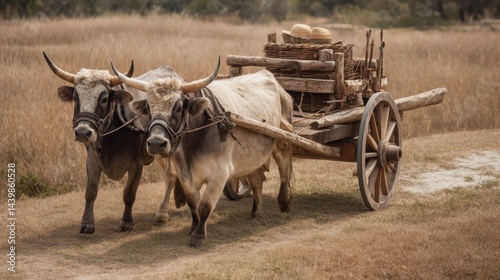 Ox-Drawn Cart in Rural Landscape: Traditional Transport