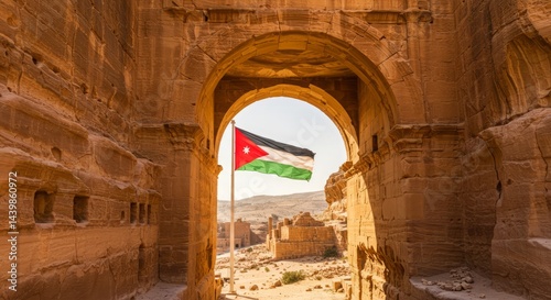 Jordan flag waving through ancient archway in Petra historical site