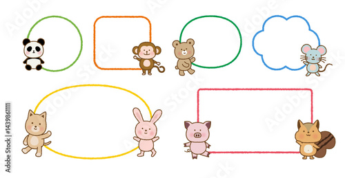 手書き風　かわいい動物たちのカラフルフレームセット