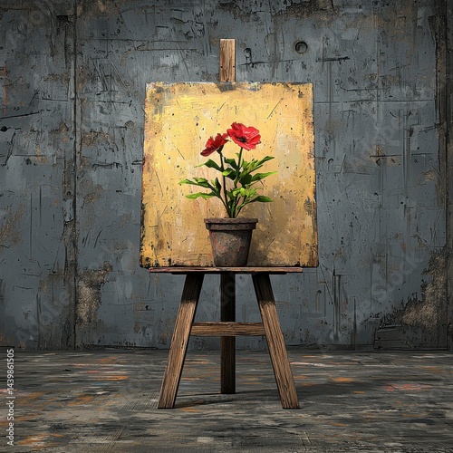 Red Flowers in Pot on Easel Against Grunge Wall