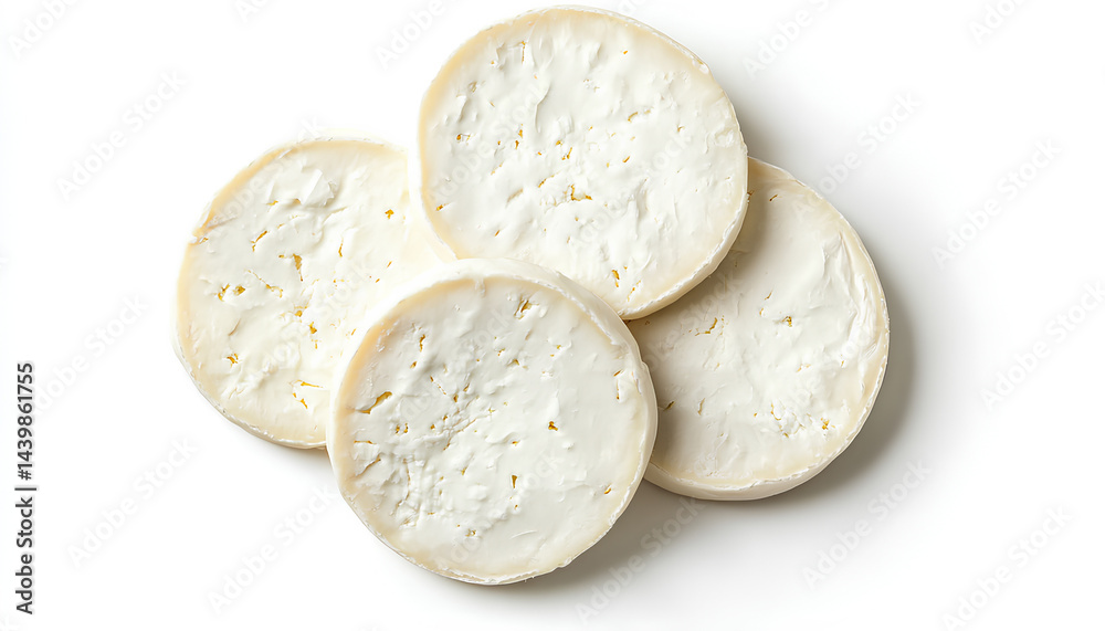 Slices of tasty fresh cheese isolated on white, top view Slices of tasty fresh cheese isolated on white, top view
