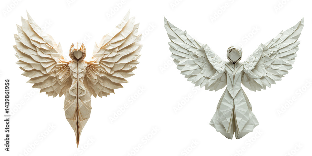 Obraz premium Origami angel sculptures with wings spread isolated on transparent PNG perfect for religious themes or peaceful holiday decorations