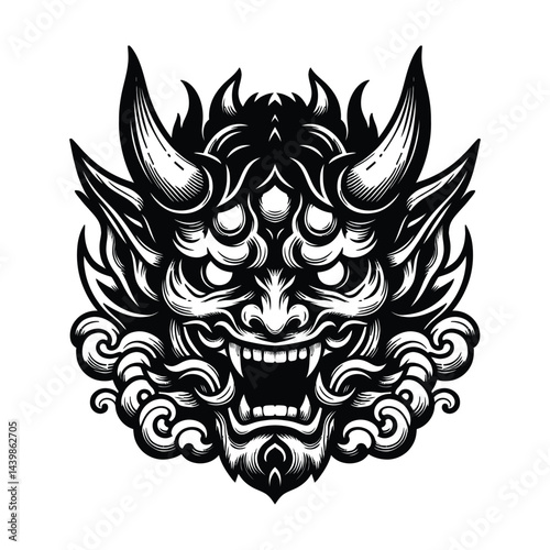 Detailed Face of Mythical Creature with Horns in Black and White